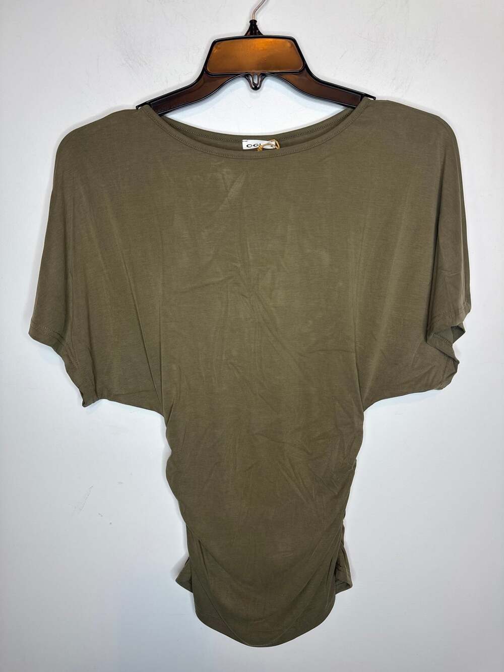 NWT OGL Womens Green Short Sleeve Boatneck Batwing Side Ruched Tunic Top Sz M